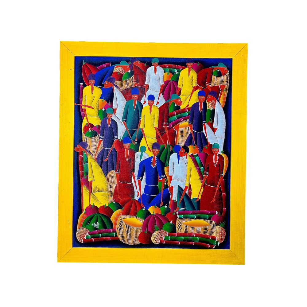 Signed 26" Haitian Market Painting Framed Hubert Vibrant Folk Art Caribbean